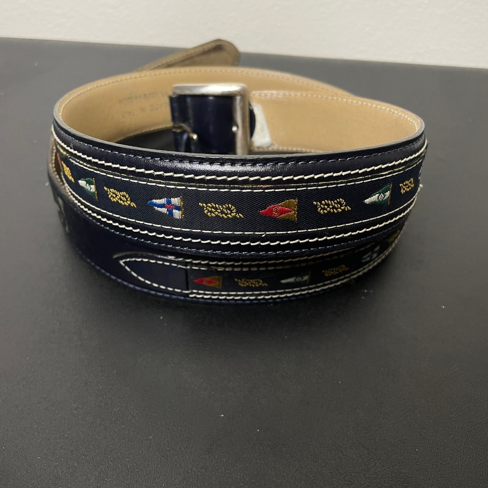 Paul & Shark Yachting Belt 95 38 Navy Blue Leather Nautical Flag Embroidered